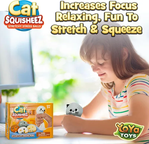 Vista 5 de YoYa Toys Squisheez Cat - Paquete de 4 bolas suaves y esponjosas para aliviar el estrés de gatitos, lindos animales elásticos, juguetes perfectos