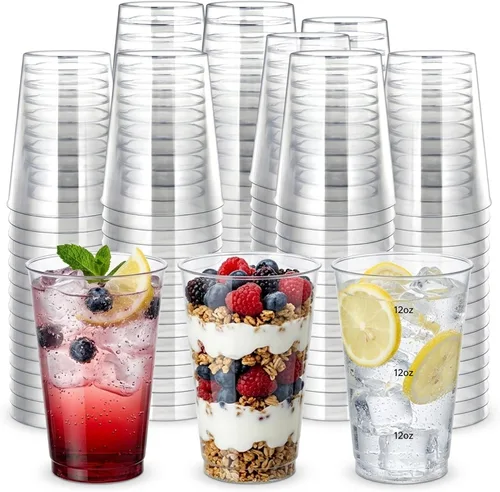 Vista 11 de Byvivace Vasos de plástico transparente de 12 onzas con borde dorado, resistentes y aptos para alimentos, desechables, copas de vino, copas de boda