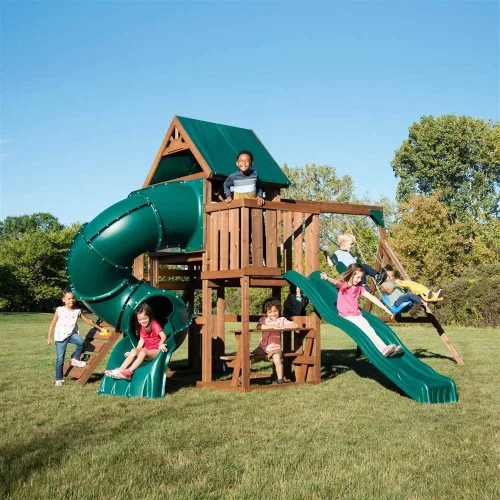 Vista 5 de Swing-N-Slide WS 8359 Tellico - Juego de columpios de madera para terraza con dos toboganes, pared de escalada y columpios, color marrón