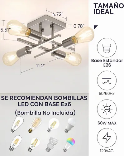 Vista 3 de Lámpara de techo industrial de 4 luces, semiempotrada, moderna lámpara de araña de níquel cepillado, lámpara de techo Sputnik con base de bombilla