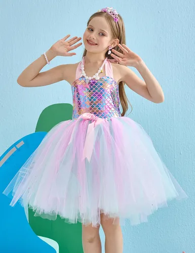 Vista 2 de Tutu Dreams Mermaid Dress for Girls with Crown Birthday Halloween Party Gifts Dress Up Clothes