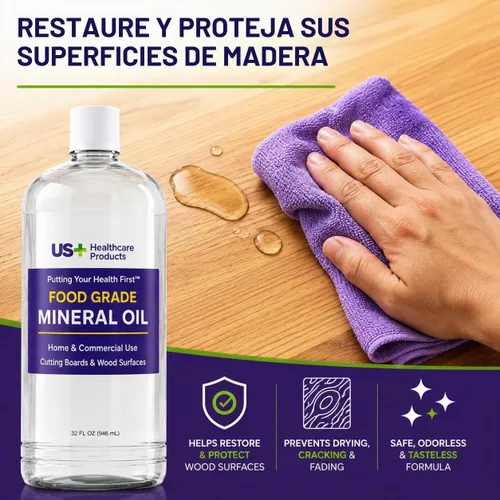 Vista 8 de US+ Aceite mineral 100% puro de 32 onzas, aceite para tablas de cortar, grado alimenticio, USP, restaura y protege tablas de cortar, bloques