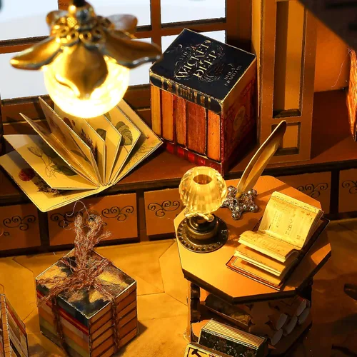 Vista 4 de Quanquer Kit de Casa en Miniatura: Rincón de Librería Libro Mágico con Muebles y Luz LED - Kits de Bricolaje para Adultos - Casa de Muñecas