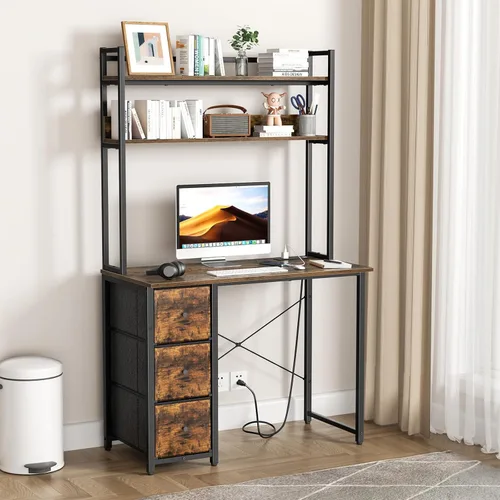 Vista 9 de Aquzee Escritorio para computadora con cajones, escritorio de 40 pulgadas con gabinete, escritorio de oficina en casa con almacenamiento, tomas