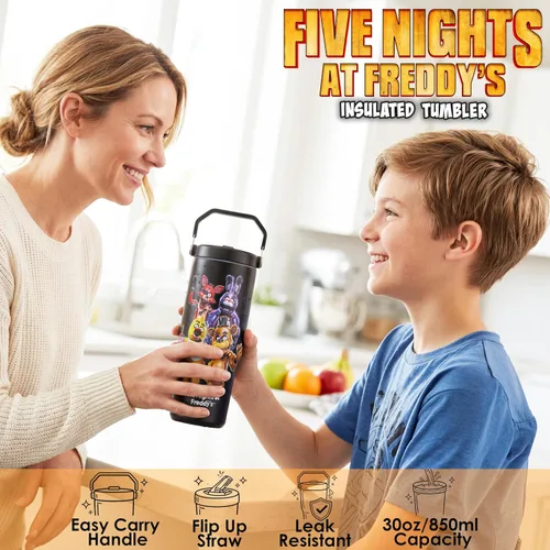 Vista 2 de Get Trend Five Nights at Freddy's - Vaso de 30 onzas con asa y popote, botella de agua aislada de acero inoxidable, sin bisfenol A, a prueba