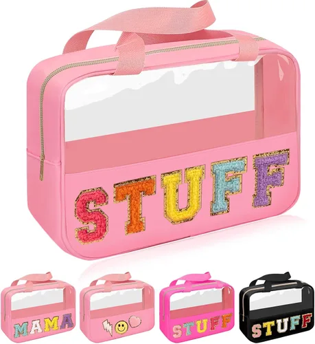 Vista 13 de Iqimott Bolsa de bebé con parche de letras de chenilla, bolsa de cosméticos transparente para maquillaje, bolsa grande de almacenamiento