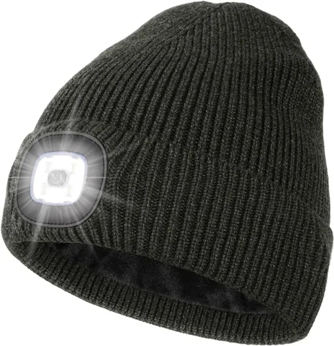 Vista 22 de MELASA Gorro de invierno con forro polar LED, recargable por USB, gorro cálido con luz integrada, regalos para hombres, papá, esposo, él