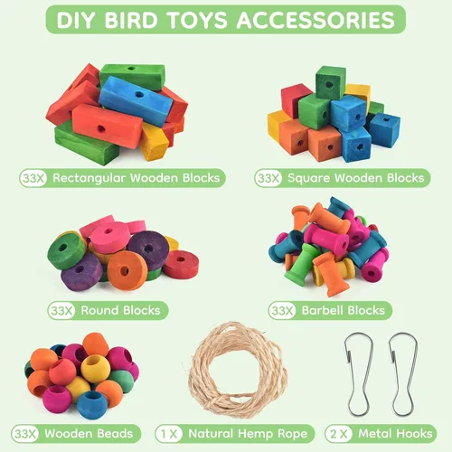 Vista 2 de DBNESS Juguetes para pájaros para loros, 165 piezas de juguete colorido para masticar, multiforma, bloques de madera, manualidades, pájaros, jaula
