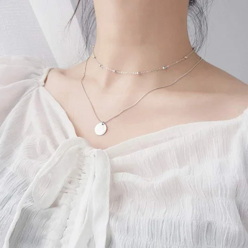 Vista 6 de Gargantilla con dije de disco en capas para mujeres y niñas, plata de ley 925, oro de 18 quilates, delicado collar de moneda con círculo de luna