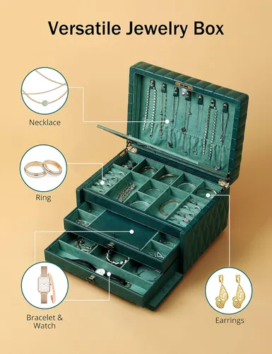 Vista 3 de Jentlewoman Joyero organizador de joyas de 3 niveles y caja de almacenamiento caja de almacenamiento con cerradura para anillos collares aretes