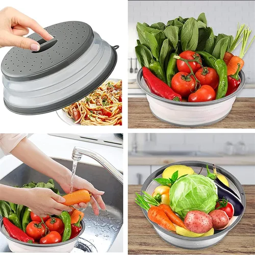 Vista 4 de Cubierta para salpicaduras de microondas ventilada para alimentos, protector de salpicaduras y colador de cocina para frutas y verduras, cubierta