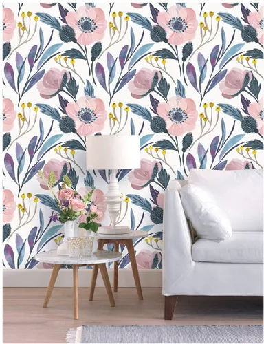 Vista 6 de HAOKHOME 93019 - Papel tapiz floral para despegar y pegar, extraíble, de vinilo color rosa/azul/amarillo, autoadhesivo para estantes, 17.7 pulgadas
