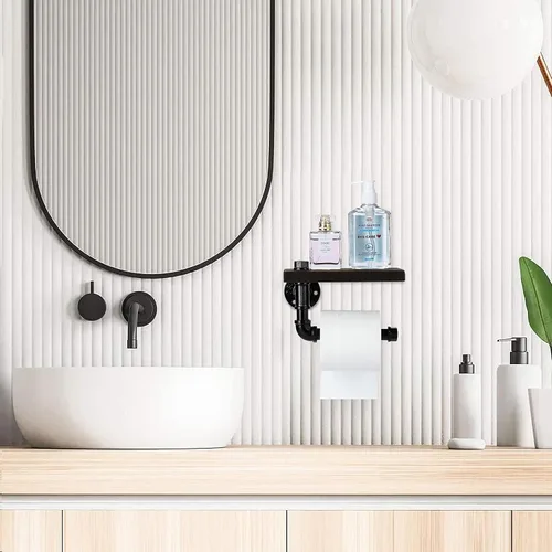 Vista 3 de Soporte de papel higiénico con estante, colgador industrial de papel higiénico montado en la pared con estante de madera rústica para baño, baño