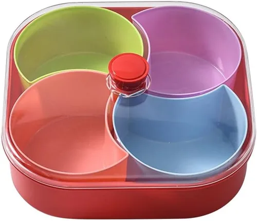Vista 9 de Bandeja de plástico dividida para servir 5 compartimentos, bandeja para servir aperitivos con tapa y asa, platos reutilizables para servir