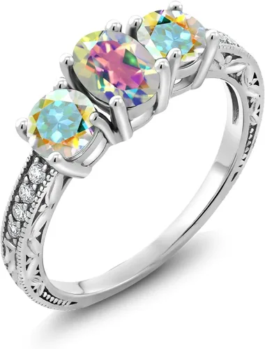 Vista 47 de Gem Stone King Anillo de compromiso de 3 piedras preciosas de oro blanco de 10 quilates con piedra natal y diamantes cultivados en laboratorio