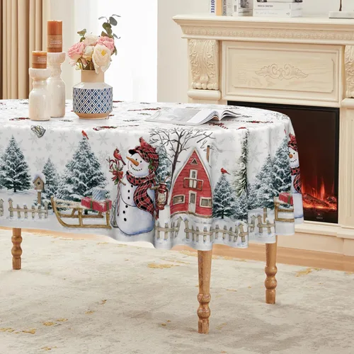 Vista 14 de Horaldaily Mantel de Navidad rectangular de 52 x 70 pulgadas, casa de muñeco de nieve de invierno, árboles de Navidad, color negro, lavable
