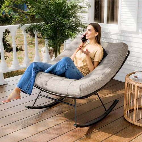 Vista 6 de Bme Mecedora de patio para exteriores e interiores, mecedora de metal con cojín grueso, cómoda y moderna silla mecedora para sala de estar, porche
