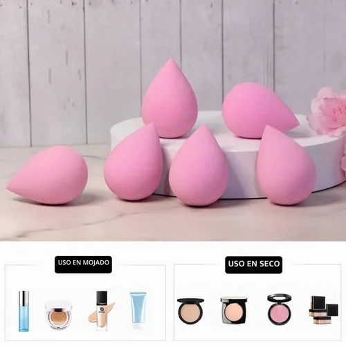 Vista 2 de Juego de 6 esponjas de maquillaje – Esponja suave de belleza para base, crema y polvo (rosa claro)
