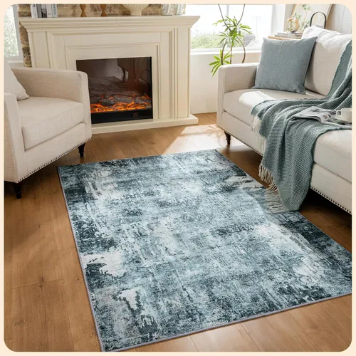 Vista 202 de Istana Alfombra larga antideslizante de 2.5 x 8 para el hogar, para pasillo y cocina, lavable, sedosa y suave al tacto, elegante, color azul y marfil