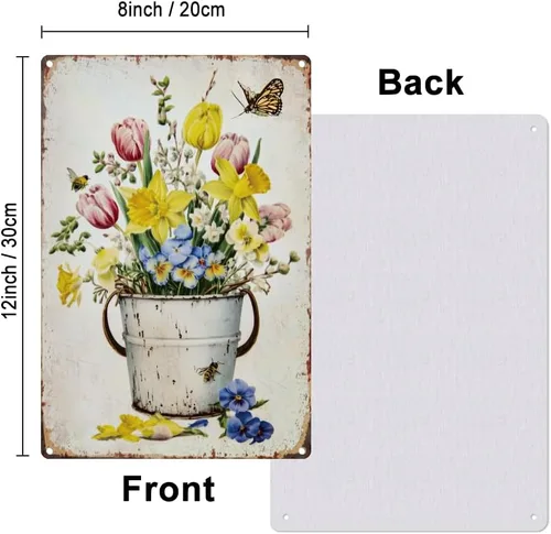 Vista 2 de Letrero de metal con flores vintage de 0.79 x 1.18 pulgadas, narcisos retro, tulipán, cubeta de hierro, póster de arte de pared para habitación