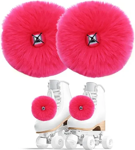 Vista 12 de HOMU 2 pompones de patín con pompones de piel sintética para niñas y mujeres, con cascabeles y rodillos, con pompones y pompones de piel sintética