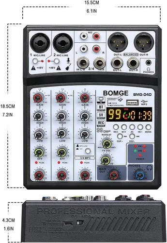 Vista 8 de BOMGE 04D portátil bluetooth 4 canales DJ mezclador de sonido de audio consola de mezcla con interfaz USB, entrada de alimentación fantasma de 48 V