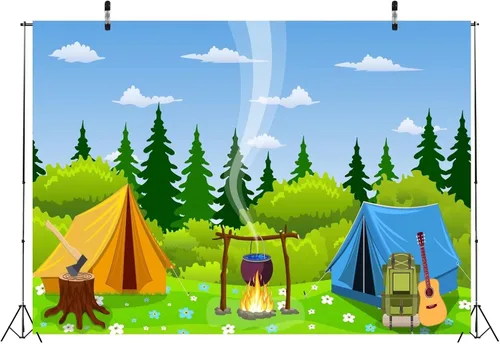 Vista 4 de BELECO Telón de fondo de campamento de 5 x 3 pies, tela de dibujos animados, escena del bosque, fogata, tienda de campaña, tienda de campaña