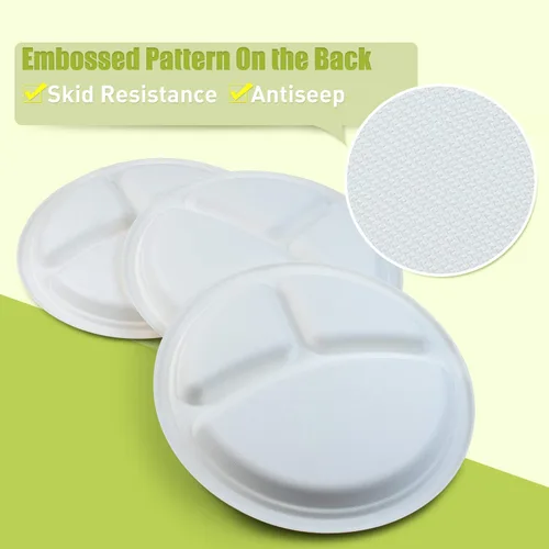 Vista 3 de Green Earth Platos compostables de 10 pulgadas, 500 unidades, 3 compartimentos redondos Bagazo natural, forma redonda desechable biodegradable