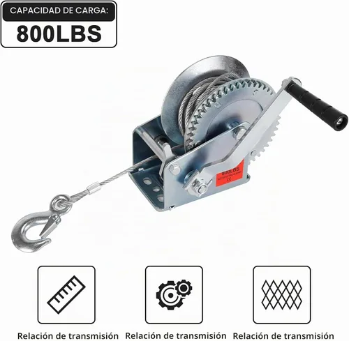 Vista 5 de Cabrestante de mano resistente de 800 libras con cable de alambre de acero de 32 pies, cabrestante de engranajes de correa de manivela manual