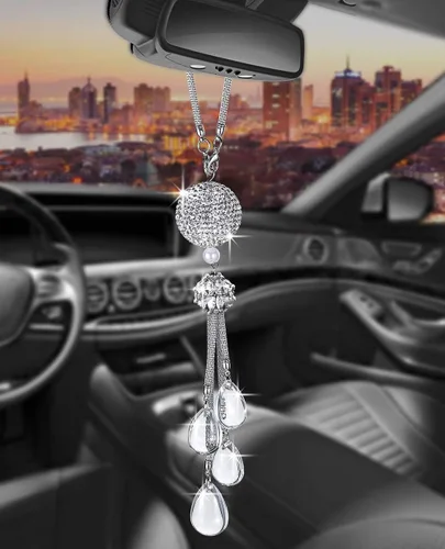 Vista 18 de Glamorosa decoración colgante de espejo de coche con cabeza de zorro azul oscuro, adorno de automóvil con temática animal para mujeres y hombres