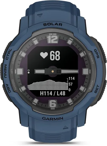Vista 2 de Garmin Instinct® Crossover Solar, reloj inteligente híbrido, 1.772 in, azul marea Thermal & Shock Resistant, Long Battery Life, Accurate Analog