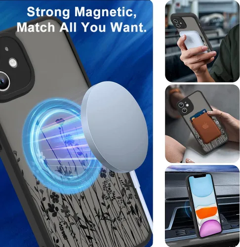 Vista 5 de OOK Funda magnética para iPhone 11 [compatible con MagSafe] Funda delgada mate translúcida negra para iPhone 11, funda protectora de lente de Negro