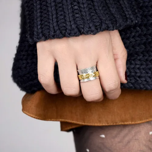 Vista 7 de Boho-Magic Anillo giratorio de plata de ley 925 con flores para mujer con 3 anillos antiestrés de latón de banda ancha