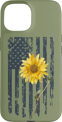 Vista 6 de iPhone 16 Yellow Sunflower Patriotic US American Flag Women Sage Green Case