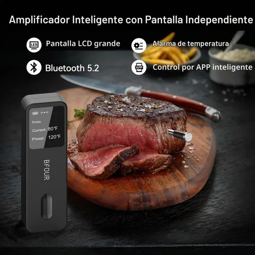 Vista 2 de BFOUR Termómetro de Carne Digital Inalámbrico con Amplificador LCD, Termómetro Bluetooth para Cocinar Alimentos con Aplicación Inteligente, Alcance