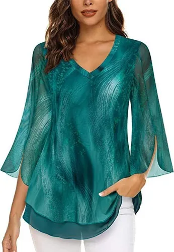 Vista 2 de Blusas de manga 34 para mujer, cuello redondo, estampado floral, elegante, casual, túnica