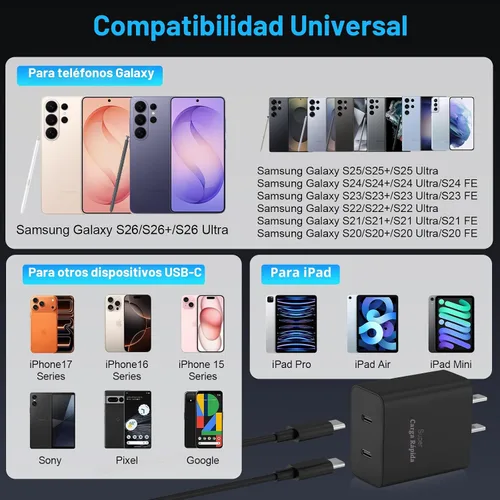 Vista 2 de Paquete de 2 cargadores súper rápidos USB C de doble puerto para teléfono Android tipo C, bloque de carga rápida con cable de carga tipo C de 6 pies