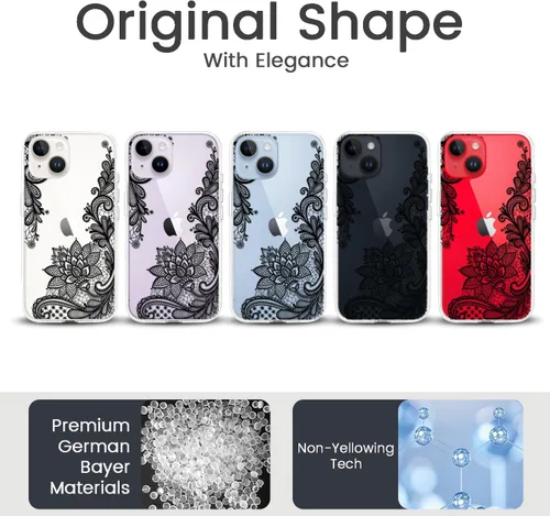 Vista 2 de Compatible con iPhone 14, funda protectora de encaje negro transparente con flores florales a prueba de golpes, parte trasera dura, delgada, bonita
