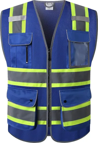 Vista 5 de Chalecos de seguridad reflectantes clase 2 retro con 9 bolsillos y cremallera frontal ANSI/ISEA 107-2015 (Negro-03, S)