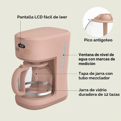 Vista 2 de bella Cafetera programable de 12 tazas, accesorios reutilizables aptos para lavavajillas, pantalla LCD de fácil uso, apagado automático, 900 vatios