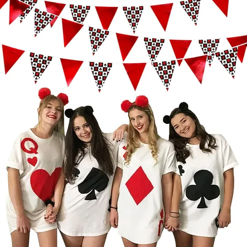 Vista 5 de Decoraciones de fiesta de casino de 32 pies, pancarta roja y negra, bandera triangular, banderines de tela para noche de juegos, temática de Las