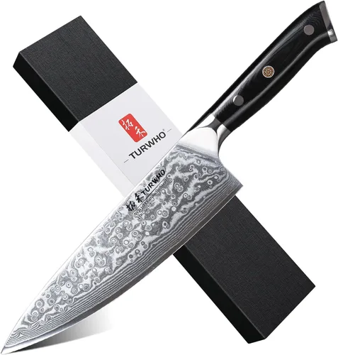 Vista 10 de TURWHO Cuchillo Santoku Profesional 7 pulgadas - Cuchillo de chef japonés clásico, patrón de damasco, acero VG-10