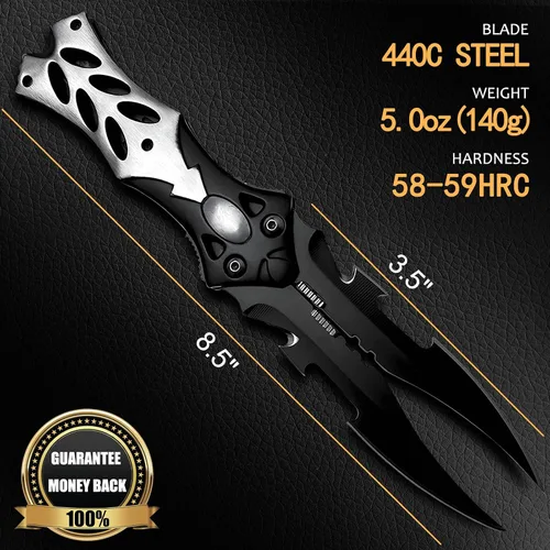 Vista 2 de MADSABRE Cuchillo de bolsillo de doble hoja genial de 8.5", cuchillo plegable de camping con clip y mango de aluminio, herramientas de supervivencia