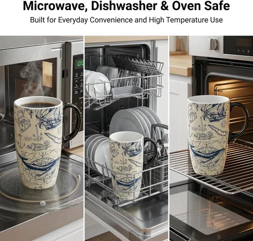 Vista 2 de Topadorn Taza de Café de Cerámica Taza de Viaje Regalo con Tapa de 17 onzas, Taza de Té Alta de Porcelana con Asa para el Hogar y la Oficina, Taza