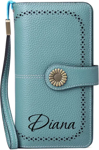 Vista 14 de Cartera de pulsera personalizada, carteras con nombre grabado personalizado con bloqueo RFID, gran capacidad, cartera de mano para tarjetas de Cuero