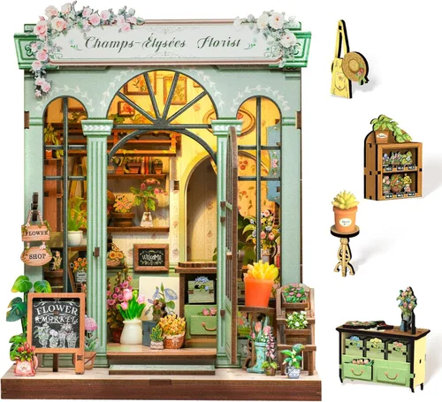 Vista 13 de Cutefun - Kit de rincón de libros - Kit de casa en miniatura DIY para adultos y adolescentes, kit de rompecabezas de madera 3D en miniatura con LED