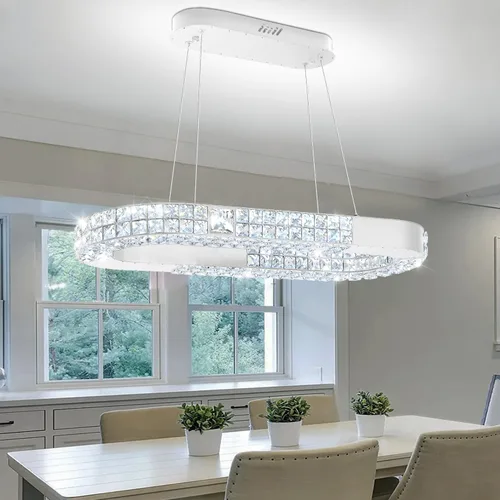 Vista 13 de Candelabro LED de anillo dorado para sala de estar, comedor y dormitorio, lámparas de cristal modernas, iluminación colgante, lámparas ajustables