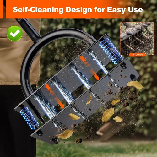 Vista 5 de Bluesea Herramienta aireadora de césped – 16 picos de hierro con mango ergonómico en T, limpieza automática de suciedad para aflojar el suelo
