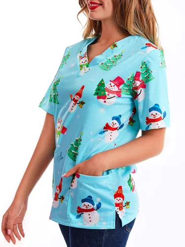 Vista 4 de Camisa de cuello con estampado de Navidad para mujer, diseño de muñeco de nieve, color azul claro
