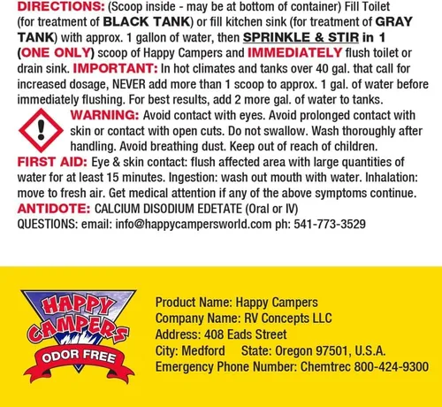Vista 6 de Happy Campers Tratamiento orgánico Tanque contenedor RV, 18 tratamientos Controls Odors, Helps Prevent Clogs, Buildup & Sensor Issues, Black &